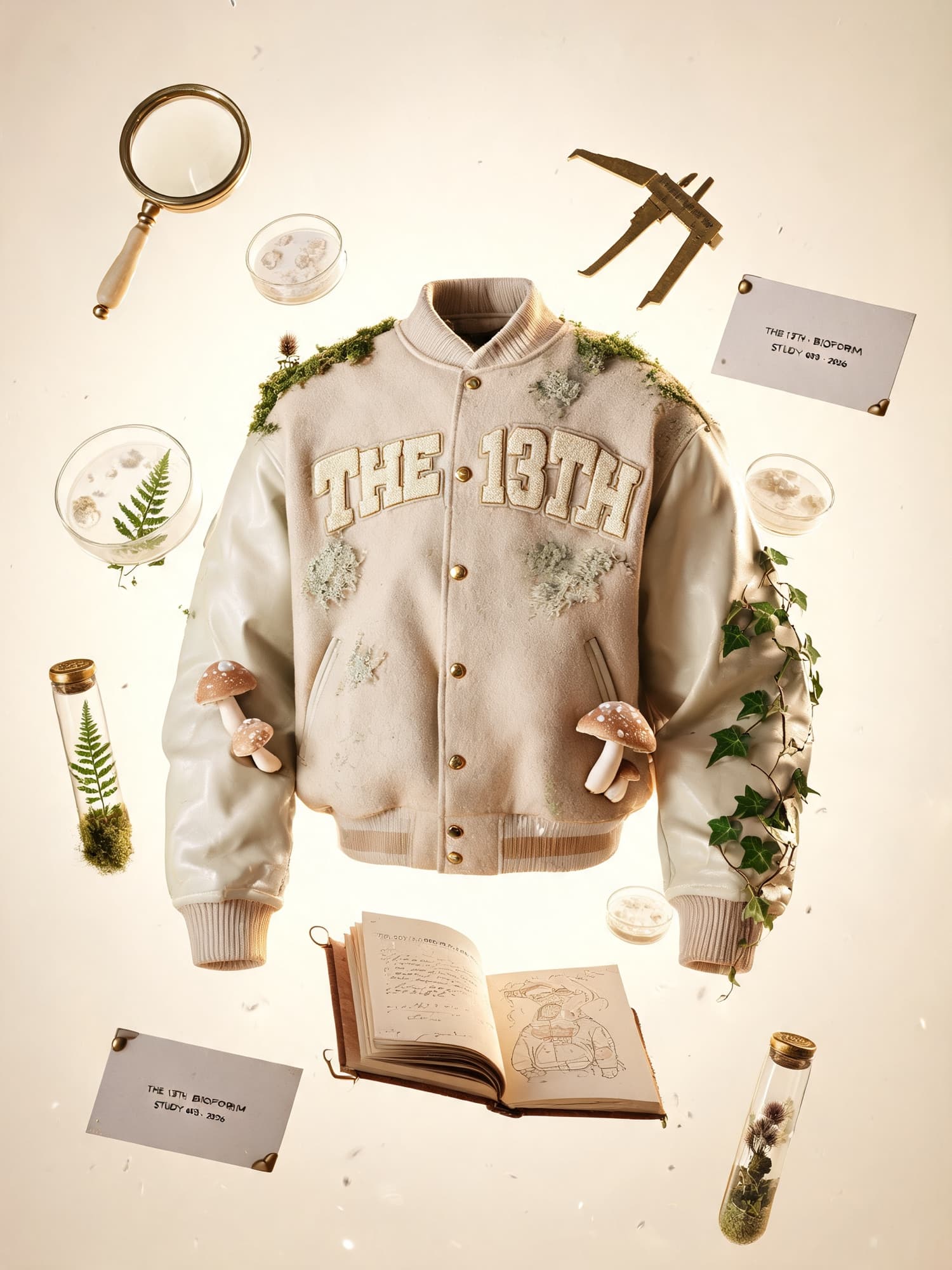 THE 13TH Biosphere Study 005 — cream varsity jacket with embroidered wordmark, surrounded by lab specimens, mushrooms, ferns, and field notes